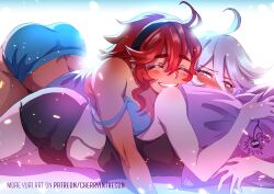 Rule 34 | 2girls, ahoge, artist name, bare shoulders, black hairband, black shirt, black shorts, blue shirt, blue shorts, blush, cherry in the sun, closed eyes, commentary, dark-skinned female, dark skin, english commentary, gundam, gundam suisei no majo, hair between eyes, hairband, hugging object, lying on person, midriff, miorine rembran, multiple girls, navel, open mouth, red hair, shirt, shorts, smile, suletta mercury, teeth, upper teeth only, watermark, web address, white hair, yuri