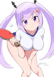 Rule 34 | 1girl, absurdres, arrow hair ornament, ball, bent over, between legs, black bow, blue buruma, blush, bow, breasts, buruma, gym uniform, hand between legs, hanging breasts, highres, holding, kamiya agari, large breasts, long hair, looking at viewer, masakin, purple eyes, purple hair, racket, shakunetsu no takkyuu musume, shirt, simple background, smile, solo, tennis ball, tennis racket, twintails, white background, white shirt