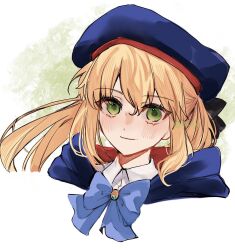1girl 710_ao artoria_caster_(fate) artoria_caster_(second_ascension)_(fate) artoria_pendragon_(fate) blonde_hair bow bowtie capelet closed_eyes collared_shirt cropped_shoulders fate/grand_order fate_(series) green_eyes hat highres light_smile long_hair looking_at_viewer red_trim shirt sidelocks solo twintails