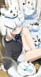 1girl absurdres ahoge animal_ears aqua_eyes arm_support black_jacket blush closed_mouth commentary_request creature creature_on_head feet_out_of_frame forest fox fox_girl fox_tail from_above from_side fubuchun fubuzilla_(shirakami_fubuki) hand_on_ground highres hololive jacket knee_up leaning_back light_rays long_hair long_sidelocks miteiru_(shirakami_fubuki) nature nejima_kitsune_(shirakami_fubuki) on_ground oruyanke_(shirakami_fubuki) outdoors perspective ponytail shirakami_fubuki shirousagi_(sirousagi0501) shorts sidelocks sitting snow snowball snowman solo sukonbu_(shirakami_fubuki) tail throwing tree virtual_youtuber white_hair white_tail winding_key winter