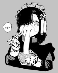 ... 10_4_(10f0ur) 1girl @_@ c-bas closed_mouth eating grey_background hair_over_one_eye juliet_sleeves long_sleeves maid maid_headdress monochrome one_eye_covered original puffy_sleeves robot_girl short_hair simple_background solo spoken_ellipsis upper_body
