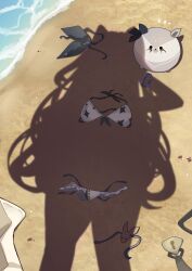 1girl absurdres beach bikini dressed_shadow_(meme) female_pov hair_ornament highres hololive hololive_indonesia implied_nudity long_hair meme pov rokusketch sand shadow silhouette swimsuit unworn_bikini unworn_bikini_bottom unworn_bikini_top unworn_clothes unworn_hair_ornament vestia_zeta virtual_youtuber zecretary_(vestia_zeta)