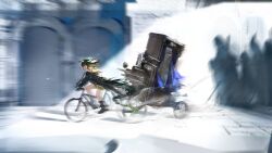 1girl arknights bicycle character_request game_cg green_hair highres long_sleeves mon3tr_(arknights) non-web_source riding riding_bicycle