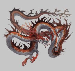 1other animal_focus claws dragon dragon_horns eastern_dragon full_body grey_background highres horns looking_at_viewer no_humans open_mouth orange_scales original sharp_teeth simple_background teeth xiaopizi32439