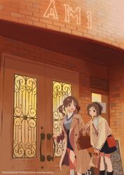 2girls bag brown_eyes brown_hair coat copyright_name copyright_notice domyoji_karin fragments_of_the_idolmaster_cinderella_girls handbag highres idolmaster idolmaster_cinderella_girls inoue_haruka_(haruharu210) looking_at_another multiple_girls official_art open_clothes open_coat open_mouth real_world_location short_hair skirt smile totoki_airi twintails