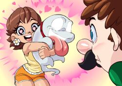 1boy 1girl animal animal_hug blue_eyes brown_hair collar crossed_arms dog earrings facial_hair flower_earrings ghost green_shirt happy heart heart-shaped_pupils highres holding holding_animal holding_dog hug jewelry looking_at_another luigi luigi&#039;s_mansion mario_(series) mustache nintendo no_pupils open_mouth orange_shirt orange_shorts polterpup princess_daisy red_collar shirt short_hair short_shorts shorts sleeveless symbol-shaped_pupils tail teeth teevo tongue tongue_out upper_body