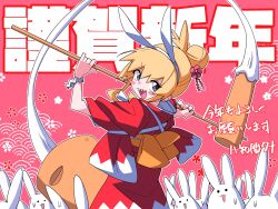 1girl animal_ears blonde_hair blush_stickers chinese_zodiac fake_animal_ears food hair_bun highres holding japanese_clothes kimono kine mallet mochi new_year obi open_mouth original rabbit rabbit_ears red_kimono sash sharp_teeth simple_background single_hair_bun sweat tasuki teeth yachima_tana yachimata_kana year_of_the_rabbit