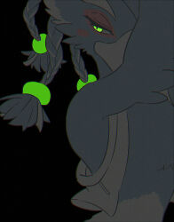 1boy alternate_costume arm_up bare_shoulders beak bird_boy black_background blue_fur blush_stickers body_fur brown_vest dark flat_color furry furry_male green_eyes half-closed_eyes looking_to_the_side male_focus open_clothes open_vest pocket revali rito simple_background solo standing the_legend_of_zelda the_legend_of_zelda:_breath_of_the_wild two-tone_fur ukata upper_body vest white_fur