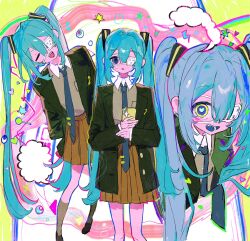 1girl :o abstract_background arms_behind_back black_jacket black_shoes blue_eyes blue_hair blue_pupils brown_skirt brown_sweater cellphone closed_eyes collared_shirt commentary eyepatch hair_between_eyes hatsune_miku heart heart-shaped_pupils highres holding holding_phone jacket lelebus long_hair medical_eyepatch monitoring_(vocaloid) multiple_views one_eye_covered open_mouth phone school_uniform shirt shoes skirt smartphone smile sweater symbol-only_commentary symbol-shaped_pupils twintails very_long_hair vocaloid white_shirt yellow_eyes