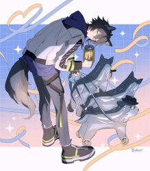 Rule 34 | 1boy, absurdres, animal ears, arknights, balloon, bent over, black hair, black shoes, blue background, blue shirt, commentary, drinking straw, eve (meltdown), full body, gradient background, green eyes, grey pants, grid background, highres, holding, holding jar, holding leash, hood, hoodie, jar, leash, letterboxed, looking at viewer, male focus, pants, pink background, ribbon, shirt, shoes, short hair, sneakers, solo, tail, twitter username, vigil (arknights), vigil (the other side of siracusa) (arknights), white hoodie, wolf boy, wolf ears, wolf tail