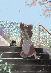 1girl animal blue_sky brown_eyes brown_hair bush cat cherry_blossoms commentary_request cropped dappled_sunlight day detached_sleeves dress falling_petals flower hair_ribbon hair_tubes hakurei_reimu handrail hands_on_own_knees highres licking long_hair long_skirt looking_at_viewer neckerchief oubachiago petals pink_flower procreate_(medium) red_dress ribbon sandals sidelocks sitting skirt sky solo spring_(season) stairs stone_stairs sunlight touhou tree tree_shade whiskers white_flower yellow_neckerchief