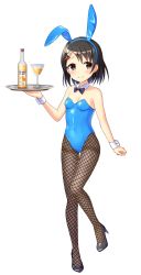 1girl absurdres animal_ears black_bow black_bowtie black_eyes black_hair blue_leotard bottle bow bowtie cup detached_collar drinking_glass fake_animal_ears female_focus fishnet_pantyhose fishnets full_body hair_ornament highres idolmaster idolmaster_cinderella_girls juice leotard orange_juice pantyhose playboy_bunny rabbit_ears rabbit_hair_ornament sasaki_chie short_hair simple_background single_ear_down solo standing standing_on_one_leg strapless strapless_leotard thighband_pantyhose tray white_background wine_glass wrist_cuffs yuusa