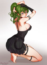1girl arm_strap armpits artist_name bare_shoulders barefoot belt black_belt black_dress black_gloves breasts dress elbow_gloves gloves green_hair hand_on_own_head highres kneeling looking_at_viewer mina_cream purple_eyes single_glove smile sousou_no_frieren thigh_strap thighs ubel_(sousou_no_frieren)