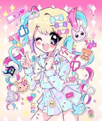 1girl ;d blister_pack blonde_hair blue_bow blue_eyes blue_hair blue_serafuku blue_skirt bow chouzetsusaikawa_tenshi-chan commentary cowboy_shot emoji flower folder gradient_background hair_bow hair_ornament hands_up heart heart_hair_ornament highres index_fingers_raised like_and_retweet long_hair long_sleeves looking_at_viewer microsoft_windows multicolored_hair multiple_hair_bows needy_girl_overdose oceaninspace octopus one_eye_closed open_mouth pien_cat_(needy_girl_overdose) pill pink_background pink_bow pink_hair pleading_face_emoji pleated_skirt purple_bow quad_tails rainbow sailor_collar school_uniform serafuku skirt smile solo standing stuffed_animal stuffed_toy teddy_bear thumbs_down twitter_bird yellow_bow