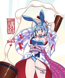 1girl 2023 alternate_costume animal_ears animal_print arms_up blue_eyes blue_hair blue_leotard blush breasts commentary detached_sleeves english_commentary food gloamy groin hair_ornament highres japanese_clothes kimono kine leotard long_hair mahou_shoujo_madoka_magica mahou_shoujo_madoka_magica_(anime) mallet medium_breasts miki_sayaka mochi obi open_mouth rabbit_ears rabbit_hair_ornament rabbit_print sash short_hair solo sweat thighs white_background wide_sleeves