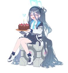 1girl absurdly_long_hair absurdres aperture_science_weighted_companion_cube aris_(blue_archive) birthday black_hair black_hairband black_skirt blue_archive blue_necktie cake candle crossover food hair_spread_out hairband halo highres jacket kaoling long_hair meme multicolored_jacket necktie one_side_up open_clothes open_jacket portal_(series) portal_1 school_uniform shirt sitting sitting_on_object skirt smile solo the_cake_is_a_lie_(meme) two-tone_jacket very_long_hair white_shirt