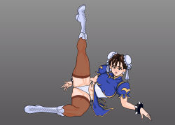 1girl boots bracelet brown_eyes brown_hair capcom chun-li earrings jewelry leg_up potan spiked_bracelet spikes street_fighter thighhighs thong