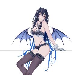 1girl armpit_crease black_bra black_panties bra breasts chest_harness cleavage double-parted_bangs frilled_bra frills gloves gradient_hair hair_between_eyes hairband harness heart heart_o-ring highres ichinose_uruha ichinose_uruha_(birthday_2023) lingerie lolita_hairband long_hair looking_at_viewer low_wings lupinus_virtual_games microskirt multicolored_hair navel o-ring o-ring_harness panties purple_eyes simple_background skirt small_horns solo striped_bra striped_clothes thighhighs underwear uwanosora000 virtual_youtuber vspo! white_background white_gloves wings