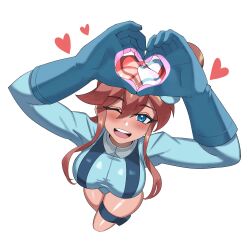 Rule 34 | 1girl, blush, from above, gloves, heart, heart hands, highres, long hair, long sleeves, nintendo, one eye closed, pokemon, pokemon bw, red hair, skyla (pokemon), teeth, thigh strap, white background, wink, ytrall