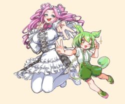 Rule 34 | 2girls, animal ears, blue eyes, blush, cross-laced clothes, cross-laced dress, double v, dress, drill hair, finger to cheek, frilled dress, frilled hairband, frills, green hair, green shoes, green shorts, green suspenders, gyaru v, hair between eyes, hairband, heart, heart hairband, igawa20000volt, jumping, long hair, long sleeves, low ponytail, multiple girls, one eye closed, open mouth, pantyhose, pea pod, pink hair, ponytail, puffy shorts, shikoku metan, shoes, shorts, simple background, suspender shorts, suspenders, twin drills, twintails, v, v over face, voicevox, white dress, white pantyhose, white shoes, yellow background, yellow eyes, zundamon