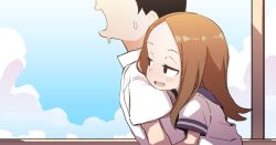 1boy 1girl black_eyes blue_sailor_collar blue_sky brown_hair cloud commentary english_commentary eyes_out_of_frame forehead head_out_of_frame hug hug_from_behind indoors jitome karakai_jouzu_no_takagi-san long_hair mesugaki naughty_face nishikata open_mouth orenjipiiru paid_reward_available parted_bangs profile sailor_collar school_uniform serafuku shirt short_sleeves sky takagi-san white_serafuku white_shirt window