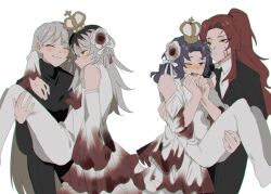 Rule 34 | 2boys, 2girls, angelica (project moon), black hair, black pants, black sweater, blue hair, bodysuit, carrying, carrying person, chesed (project moon), crown, detached sleeves, dress, e.g.o (project moon), faded memories (e.g.o), gebura (project moon), hair ribbon, high ponytail, highres, library of ruina, long hair, long sleeves, mu46016419, multicolored hair, multiple boys, multiple girls, one eye closed, ozma (project moon), pants, ponytail, project moon, red hair, reverse princess carry, ribbon, roland (project moon), simple background, streaked hair, sweater, very long hair, white background, white bodysuit, white dress, white hair, white ribbon, wide sleeves, yellow eyes