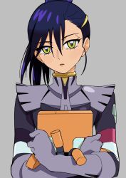 1girl conch_(gundam) grey_background gundam gundam_gquuuuuux hair_ornament hairclip highres holding long_hair looking_at_viewer mecha_pilot_suit non-humanoid_robot nyaan_(gundam_gquuuuuux) open_mouth ponytail purple_hair robot simple_background solo upper_body yellow_eyes yy_shibata