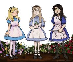 &gt;:( 3girls :| alice&#039;s_adventures_in_wonderland alice:_madness_returns alice_(alice_in_wonderland) alice_(habromania) alice_liddell_(american_mcgee&#039;s_alice) american_mcgee&#039;s_alice ankle_socks apron back_ribbon bangs_pinned_back black_boots black_hair black_hairband black_ribbon black_shoes blonde_hair blood blood_on_clothes bloody_apron bloody_weapon blue_dress blue_eyes boots bottle closed_mouth collared_dress colored_skin dress drink_me dripping flower flower_bush frilled_dress frills green_eyes habromania hairband holding holding_bottle holding_weapon jewelry knife light_blush long_hair long_nose mary_janes medium_hair messy_bangs messy_hair mole mole_under_eye multiple_girls necklace pale_skin pink_liquid potion puffy_short_sleeves puffy_sleeves red_flower red_rose ribbon rose shoes short_sleeves socks soil standing striped_clothes striped_thighhighs symphony_sonata thighhighs tooth_gap v-shaped_eyebrows weapon white_apron white_background white_flower white_rose white_skin white_socks