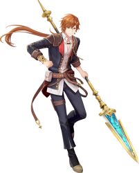1boy 3d atelier_(series) atelier_resleriana atelier_resleriana:_the_red_alchemist_&amp;_the_white_guardian black_jacket black_pants brown_hair highres holding holding_polearm holding_weapon jacket long_hair official_art pants polearm ponytail slade_clauslyter spear weapon