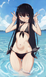1girl @_@ absurdres bare_shoulders black_hair blue_eyes blue_sky blush breasts choker deko_morii highres long_hair navel ocean open_mouth sky small_breasts smile solo thighs tohno_akiha tsukihime wading