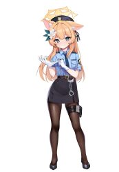 Rule 34 | 1girl, absurdres, adjusting clothes, adjusting gloves, animal ear fluff, animal ears, black pantyhose, black skirt, blue archive, blue eyes, blue shirt, blush, cat ears, closed mouth, cuffs, female service cap, flower, gloves, hair between eyes, hair flower, hair ornament, halo, handcuffs, hat, highres, holster, japan national police, long hair, long sleeves, looking at viewer, mari (blue archive), necktie, orange hair, pantyhose, pencil skirt, police, police hat, police uniform, policewoman, putting on gloves, rinringyo, shirt, simple background, skirt, smile, solo, standing, thigh holster, white background, white flower, white gloves, yellow halo