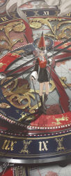 1girl absurdres analog_clock black_shirt black_shoes black_shorts black_socks blush cane character_request clock closed_mouth collar copyright_request flag hat high-waist_shorts highres holding holding_cane holding_flag kieed long_hair looking_at_viewer purple_eyes red_hat red_vest shirt shoes short_hair shorts sidelocks socks solo tall_hat very_long_hair vest white_collar white_hair