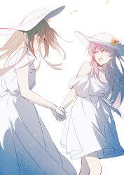 Rule 34 | 2girls, absurdres, bang dream!, bang dream! it&#039;s mygo!!!!!, brown hair, chihaya anon, closed eyes, commentary, dress, e-fa-dorn, flower, hat, hat flower, highres, long hair, multiple girls, nagasaki soyo, off-shoulder dress, off shoulder, open mouth, pink hair, sidelocks, simple background, sun hat, sundress, symbol-only commentary, white background, white dress, white hat