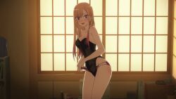 1girl animated anime_screenshot bare_shoulders black_leotard blonde_hair blush breasts cleavage collarbone ear_piercing earrings fake_nails groin highres jewelry kitagawa_marin large_breasts leotard long_hair nail_polish open_mouth panties panties_under_leotard piercing red_eyes red_panties sono_bisque_doll_wa_koi_wo_suru sound tagme thighs underwear video