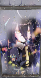 1girl ahoge animal_ears black_gloves black_hair black_shirt closed_mouth collared_shirt ear_tag earrings gloves hair_between_eyes hand_on_window highres horse_ears horse_girl index_finger_raised jewelry lionel_jpn long_bangs long_hair long_hair_between_eyes long_sleeves looking_at_viewer manhattan_cafe_(umamusume) multicolored_hair necktie night rain reflection shirt single_earring solo umamusume very_long_hair water_drop white_hair window yellow_eyes yellow_necktie