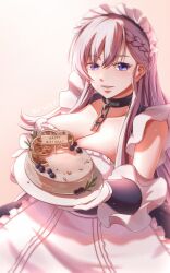 1girl azur_lane belfast_(azur_lane) braid breasts cleavage commentary_request dress gloves happy_birthday highres holding holding_plate hoshidou-sama large_breasts long_hair looking_at_viewer plate purple_dress purple_eyes solo white_gloves