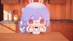 2girls 3d animal_ears animated audible_speech blue_hair blush braid braided_ponytail carrot chibi day hololive hug indoors japanese_audio miriwa multicolored_hair multiple_girls pekomama pekomon_(usada_pekora) rabbit_ears side_braid smile sound table two-tone_hair usada_pekora video virtual_youtuber