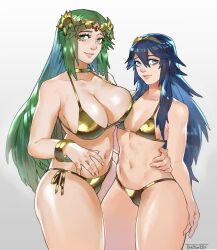 2girls ass bikini blue_eyes blue_hair breasts collar crossover fire_emblem fire_emblem_awakening gold_bikini golden_week green_eyes grey_hair hand_on_own_hip highres kid_icarus kid_icarus_uprising large_breasts lipstick long_hair looking_at_viewer lucina_(fire_emblem) makeup medium_breasts multiple_girls nintendo palutena simple_background swimsuit thefarelo thick_thighs thighs tiara