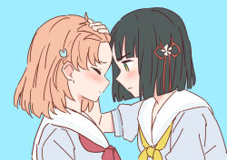 2girls blue_background blue_dress blunt_bangs blunt_ends blush bob_cut cerise_bouquet closed_eyes closed_mouth commentary dress flower flower_knot forehead-to-forehead green_eyes hair_flower hair_ornament hand_on_another&#039;s_head hasu_no_sora_school_uniform heads_together highres hinoshita_kaho link!_like!_love_live! looking_at_another love_live! medium_hair momose_ginko multiple_girls neckerchief nogreen orange_hair rabbit_hair_ornament red_neckerchief sailor_collar school_uniform short_hair simple_background summer_uniform two_side_up upper_body virtual_youtuber white_flower white_sailor_collar yellow_neckerchief