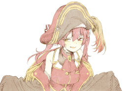 1girl abara_heiki ascot bare_shoulders bicorne black_coat black_hat bow breasts brooch coat hair_between_eyes hair_bow half-closed_eyes hat hololive houshou_marine houshou_marine_(1st_costume) jacket jewelry large_breasts leotard leotard_under_clothes looking_to_the_side medium_hair off_shoulder open_mouth pirate_hat red_ascot red_eyes red_hair red_jacket see-through_clothes see-through_leotard simple_background sleeveless solo twintails upper_body virtual_youtuber white_background