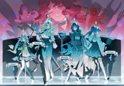 arknights astesia_(arknights) astgenne_(arknights) blue_eyes book d20_(die) dice grain_buds_(arknights) heart heart-shaped_hair highres long_hair looking_at_viewer multiple_girls nymph_(arknights) pointy_ears polyhedral_dice quercus_(arknights) red_eyes red_hair skirt standing yuji_(fantasia)