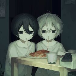2boys :t animal_ears black_eyes black_hair child controller crossed_bangs cup dog_ears dot_nose eating food food_on_face fork fuvin hair_between_eyes highres indoors male_focus multiple_boys noodles original pasta plate remote_control shirt short_hair signature spaghetti t-shirt table tissue_box white_hair white_shirt