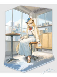 1girl absurdres arknights ascot asic_(2595268715) blazer blonde_hair blue-framed_eyewear blue_eyes blue_hat blue_sash border brown_horns brown_shoes chinese_commentary closed_mouth collared_shirt commentary commentary_request dated day drink english_commentary full_body glasses grey_border hat highres holding holding_letter horns indoors jacket lapels letter long_hair long_skirt looking_at_viewer mini_hat mixed-language_commentary nib_pen_(object) nightingale_(arknights) no_socks open_clothes open_jacket pen red_ascot round_table sash semi-rimless_eyewear shirt shoes signature sitting skirt solo table under-rim_eyewear very_long_hair white_shirt white_skirt yellow_jacket