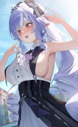 1girl absurdres ahoge arm_up armpits ascot black_nails black_overskirt blue_sky blurry blurry_background blush bow bowtie breasts center_frills clothes_pull commentary_request day dress dress_pull drill_hair ear_blush fang fanning_self fingernails frills highres hot large_breasts long_fingernails long_hair looking_to_the_side mole mole_under_eye multicolored_hair nail_polish no_jacket nose_blush open_mouth outdoors overskirt partial_commentary pinky_out pointy_ears pulling_own_clothes purple_ascot purple_bow purple_bowtie purple_hair red_eyes revision sideboob sideboob_cutout sidelocks sky sleeveless sleeveless_dress solo streaked_hair sunlight sweat teeth unnunal_(unneonal) upper_teeth_only vivian_banshee white_dress white_streaks zenless_zone_zero
