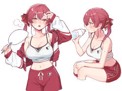 Rule 34 | 1girl, a-ka, bare shoulders, blush, bottle, bow, breasts, camisole, collarbone, cowboy shot, crop top, elbow on thigh, hair bow, hand fan, heterochromia, hololive, houshou marine, jacket, large breasts, midriff, open mouth, pants, red bow, red hair, red jacket, red pants, shirt, sitting, sweat, track jacket, twintails, virtual youtuber, water bottle, white shirt