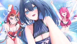 3girls :d absurdres ahoge animal_ears armpits arms_behind_back arms_up bikini black_bikini black_collar black_hair blue_eyes blue_hair blue_one-piece_swimsuit blue_sky bow breasts casual_one-piece_swimsuit cleavage cleavage_cutout closed_eyes clothing_cutout cloud collar colored_tips commentary crystal_wings day dice_hair_ornament double-parted_bangs double_halo english_commentary eyewear_on_head fang frilled_one-piece_swimsuit frills front-tie_bikini_top front-tie_top gluteal_fold grin hair_between_eyes hair_ornament hair_over_shoulder hakos_baelz hakos_baelz_(holonatsu_paradise) halo highres hololive hololive_english holonatsu_paradise holopromise irys_(hololive) irys_(holonatsu_paradise)_(hololive) jewelry large_breasts layered_bikini long_hair looking_at_viewer low_side_ponytail medium_breasts mouse_ears mouse_girl mouse_tail multicolored_hair multiple_girls navel necklace ocean official_alternate_costume official_alternate_hairstyle one-piece_swimsuit open_mouth ouro_kronii ouro_kronii_(holonatsu_paradise) outdoors outstretched_arms pink_bikini pointy_ears ponytail purple_hair reaching reaching_towards_viewer rectangular_eyewear red_hair red_one-piece_swimsuit side-tie_one-piece_swimsuit skin_fang sky smile spiked_collar spikes star_halo stomach streaked_hair sunglasses swim_ring swimsuit tail tail_bow tail_ornament virtual_youtuber white_hair wings yellow-framed_eyewear yoellim5