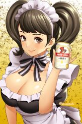1girl apron beer_can black_hair breasts brown_eyes can closed_mouth commentary_request drink_can highres holding holding_can kawakami_sadayo large_breasts looking_at_viewer maid maid_apron maid_headdress masatoshi_1219 official_alternate_costume official_alternate_hairstyle persona persona_5 smile solo striped_clothes twintails twitter_username