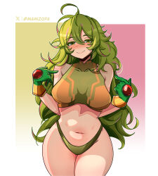 Rule 34 | 1girl, absurdres, ahoge, boku no hero academia, border, breasts, commentary, english commentary, green eyes, green hair, hagakure toru, highres, large breasts, long hair, looking at viewer, maimz opa, messy hair, navel, official alternate costume, pointing, pointing at self, simple background, smile, solo, thighs, twitter username, very long hair, white border