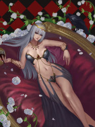1girl absurdres alcohol bird black_background black_skirt bracelet breasts breasts_apart chain checkered_background cleavage colored_eyelashes couch crossed_legs crow dutch_angle female_focus flower from_above gold_chain grey_eyes head_tilt highres hip_focus jewelry jin_yi_dui legs lips lipstick long_hair long_skirt looking_at_viewer lying makeup medium_breasts nail_polish navel necklace nose on_side original pale_skin petals pink_eyes red_background red_eyes red_lips red_nails revealing_clothes rose rose_petals skirt smirk solo stomach tareme thick_thighs thighs tiara toned toned_female tsurime vampire white_flower white_rose wide_hips wine