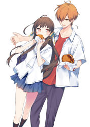 1boy 1girl brown_eyes brown_hair burger eating food fruits_basket highres holding holding_food honda_tooru kiya_machi long_hair looking_at_another multiple_girls orange_eyes orange_hair short_hair sohma_kyou white_background